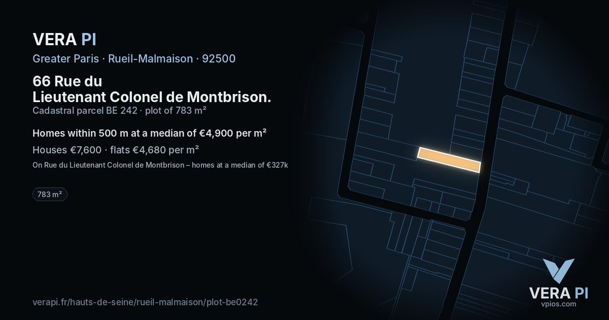 66 Rue du Lieutenant Colonel de Montbrison, Rueil-Malmaison at night – the plot lit, the parcels around coloured by the prices near them