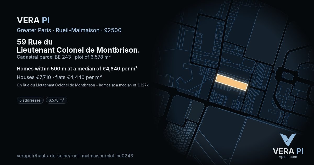 59 Rue du Lieutenant Colonel de Montbrison, Rueil-Malmaison at night – the plot lit, the parcels around coloured by the prices near them