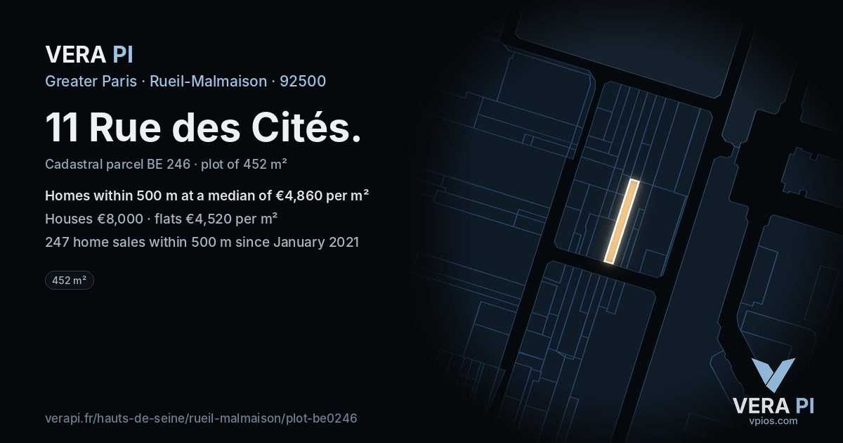 11 Rue des Cités, Rueil-Malmaison at night – the plot lit, the parcels around coloured by the prices near them