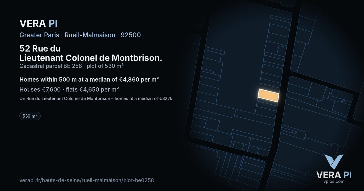 52 Rue du Lieutenant Colonel de Montbrison, Rueil-Malmaison at night – the plot lit, the parcels around coloured by the prices near them