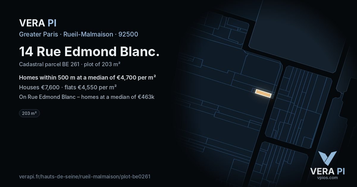 14 Rue Edmond Blanc, Rueil-Malmaison at night – the plot lit, the parcels around coloured by the prices near them