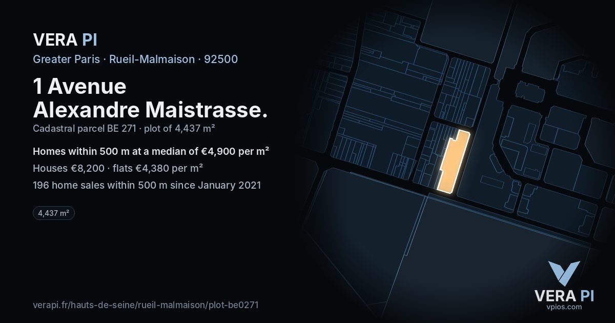 1 Avenue Alexandre Maistrasse, Rueil-Malmaison at night – the plot lit, the parcels around coloured by the prices near them