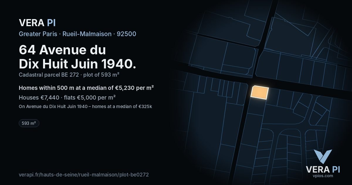 64 Avenue du Dix Huit Juin 1940, Rueil-Malmaison at night – the plot lit, the parcels around coloured by the prices near them