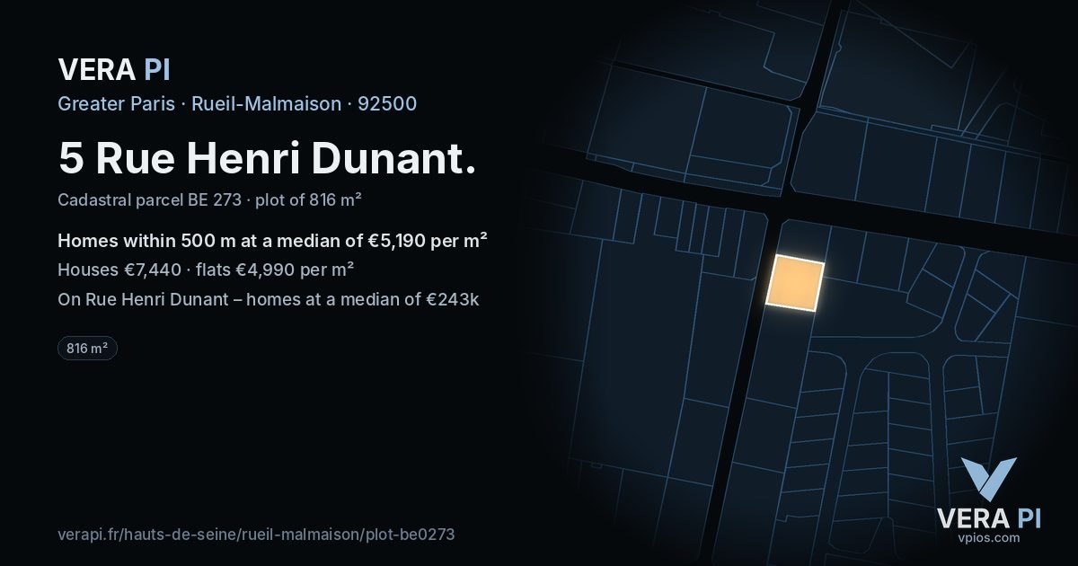 5 Rue Henri Dunant, Rueil-Malmaison at night – the plot lit, the parcels around coloured by the prices near them