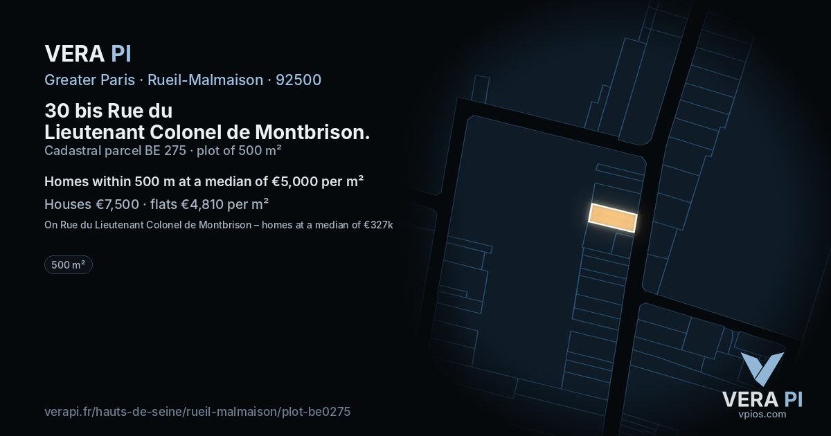 30 bis Rue du Lieutenant Colonel de Montbrison, Rueil-Malmaison at night – the plot lit, the parcels around coloured by the prices near them