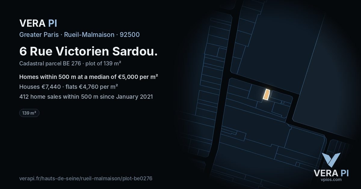6 Rue Victorien Sardou, Rueil-Malmaison at night – the plot lit, the parcels around coloured by the prices near them