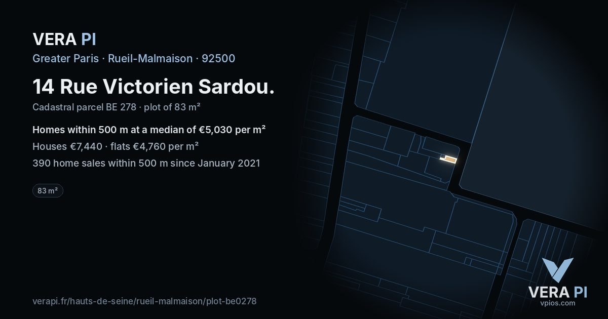 14 Rue Victorien Sardou, Rueil-Malmaison at night – the plot lit, the parcels around coloured by the prices near them