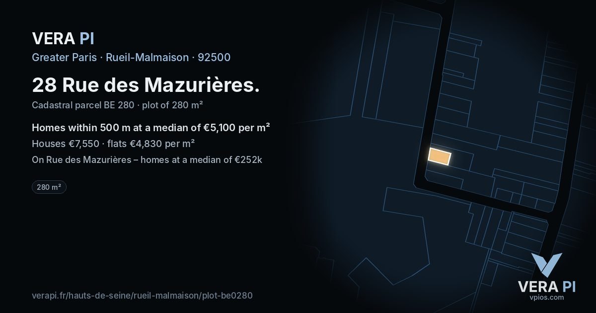 28 Rue des Mazurières, Rueil-Malmaison at night – the plot lit, the parcels around coloured by the prices near them