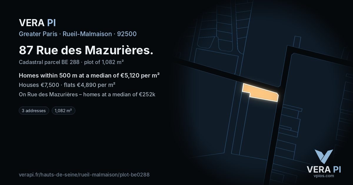 87 Rue des Mazurières, Rueil-Malmaison at night – the plot lit, the parcels around coloured by the prices near them