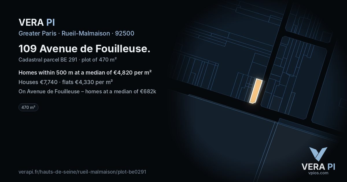 109 Avenue de Fouilleuse, Rueil-Malmaison at night – the plot lit, the parcels around coloured by the prices near them