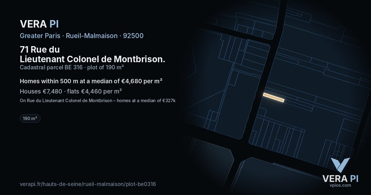 71 Rue du Lieutenant Colonel de Montbrison, Rueil-Malmaison at night – the plot lit, the parcels around coloured by the prices near them