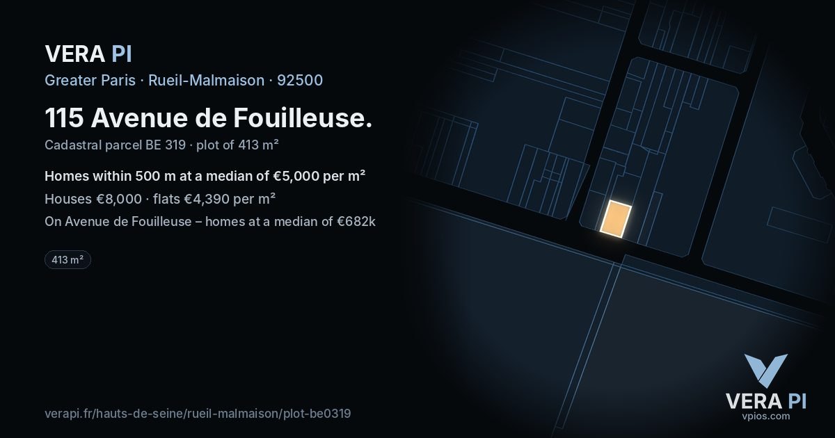115 Avenue de Fouilleuse, Rueil-Malmaison at night – the plot lit, the parcels around coloured by the prices near them