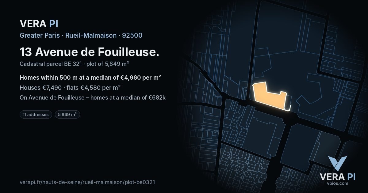 13 Avenue de Fouilleuse, Rueil-Malmaison at night – the plot lit, the parcels around coloured by the prices near them