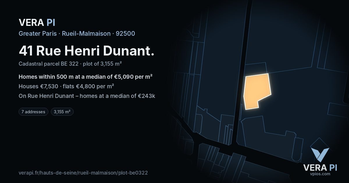 41 Rue Henri Dunant, Rueil-Malmaison at night – the plot lit, the parcels around coloured by the prices near them