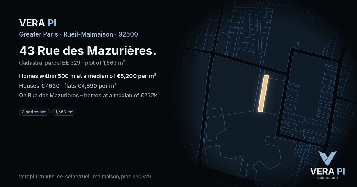 43 Rue des Mazurières, Rueil-Malmaison at night – the plot lit, the parcels around coloured by the prices near them