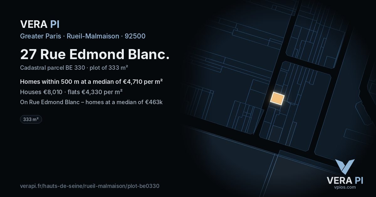27 Rue Edmond Blanc, Rueil-Malmaison at night – the plot lit, the parcels around coloured by the prices near them
