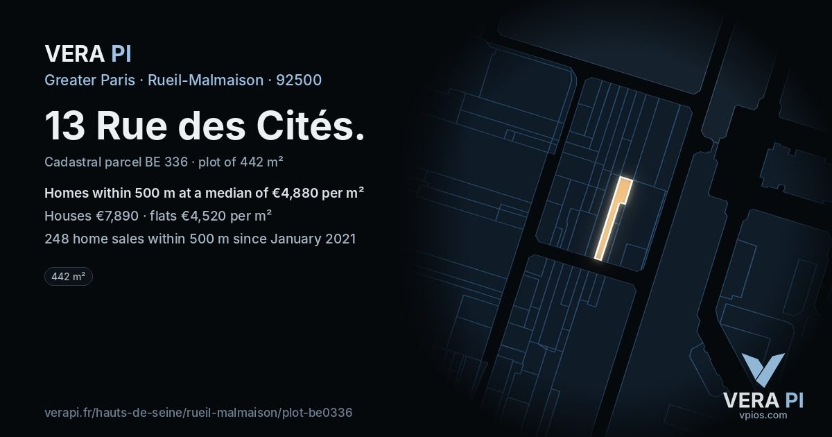 13 Rue des Cités, Rueil-Malmaison at night – the plot lit, the parcels around coloured by the prices near them