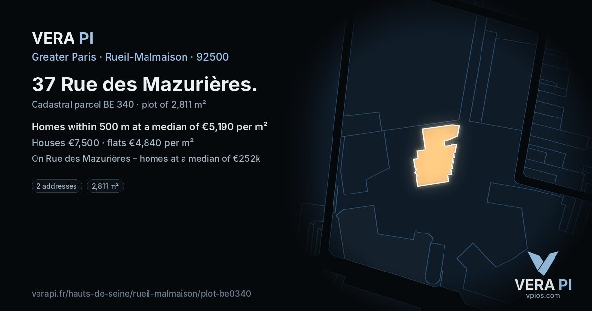 37 Rue des Mazurières, Rueil-Malmaison at night – the plot lit, the parcels around coloured by the prices near them