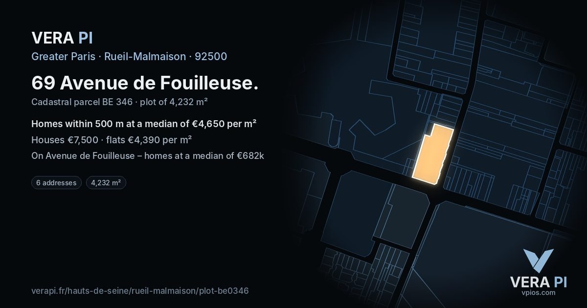 69 Avenue de Fouilleuse, Rueil-Malmaison at night – the plot lit, the parcels around coloured by the prices near them