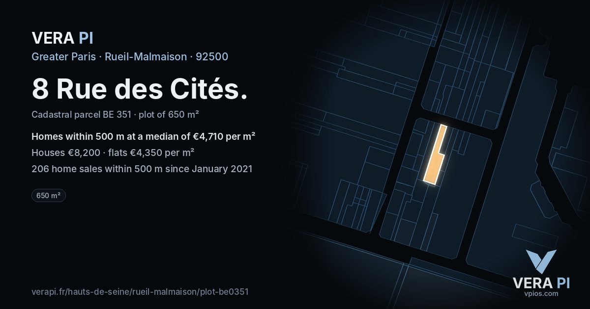 8 Rue des Cités, Rueil-Malmaison at night – the plot lit, the parcels around coloured by the prices near them