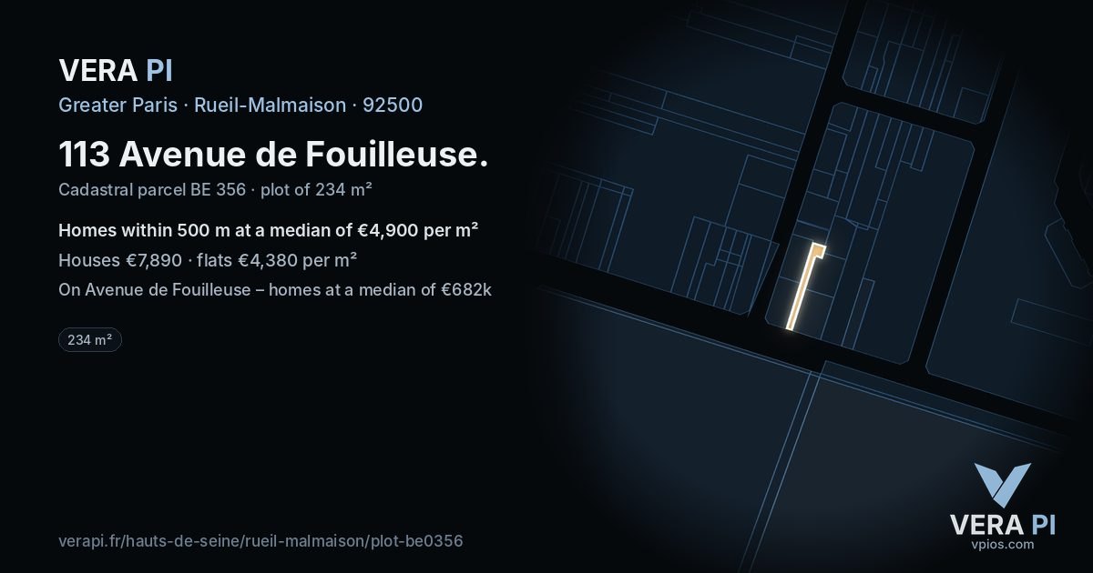 113 Avenue de Fouilleuse, Rueil-Malmaison at night – the plot lit, the parcels around coloured by the prices near them