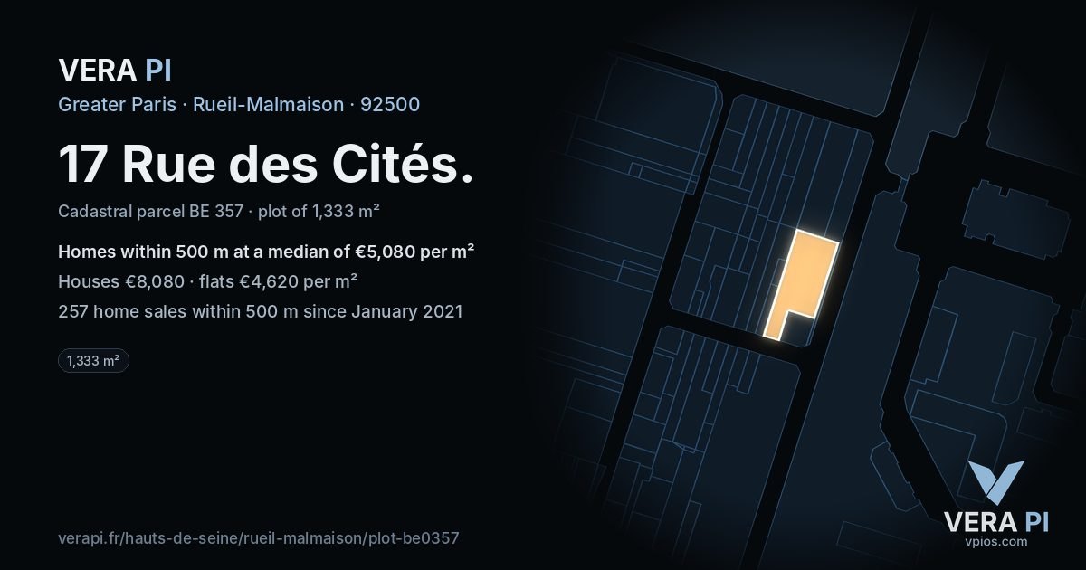 17 Rue des Cités, Rueil-Malmaison at night – the plot lit, the parcels around coloured by the prices near them