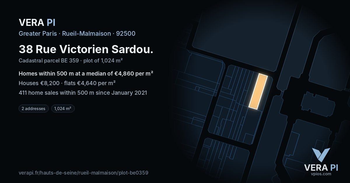 38 Rue Victorien Sardou, Rueil-Malmaison at night – the plot lit, the parcels around coloured by the prices near them