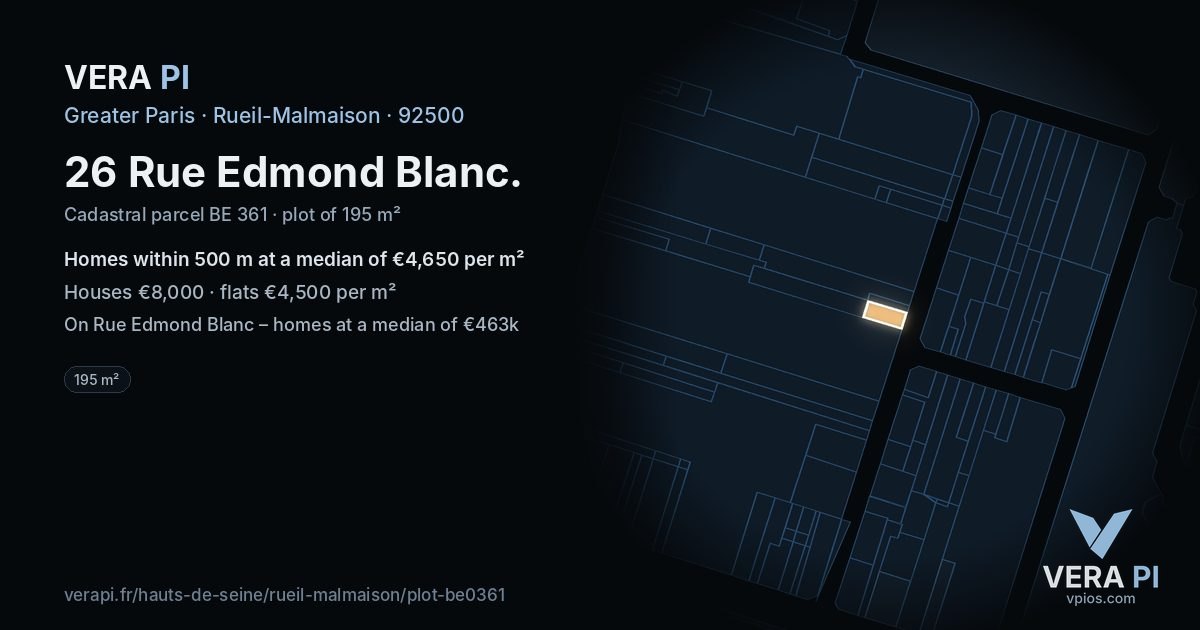 26 Rue Edmond Blanc, Rueil-Malmaison at night – the plot lit, the parcels around coloured by the prices near them