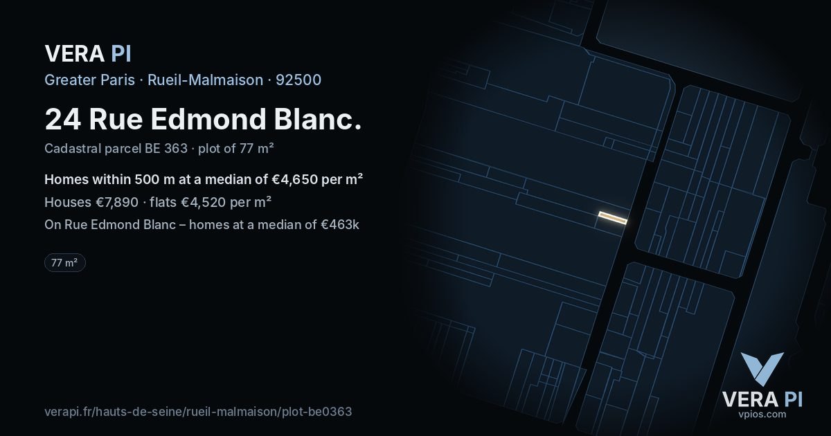 24 Rue Edmond Blanc, Rueil-Malmaison at night – the plot lit, the parcels around coloured by the prices near them