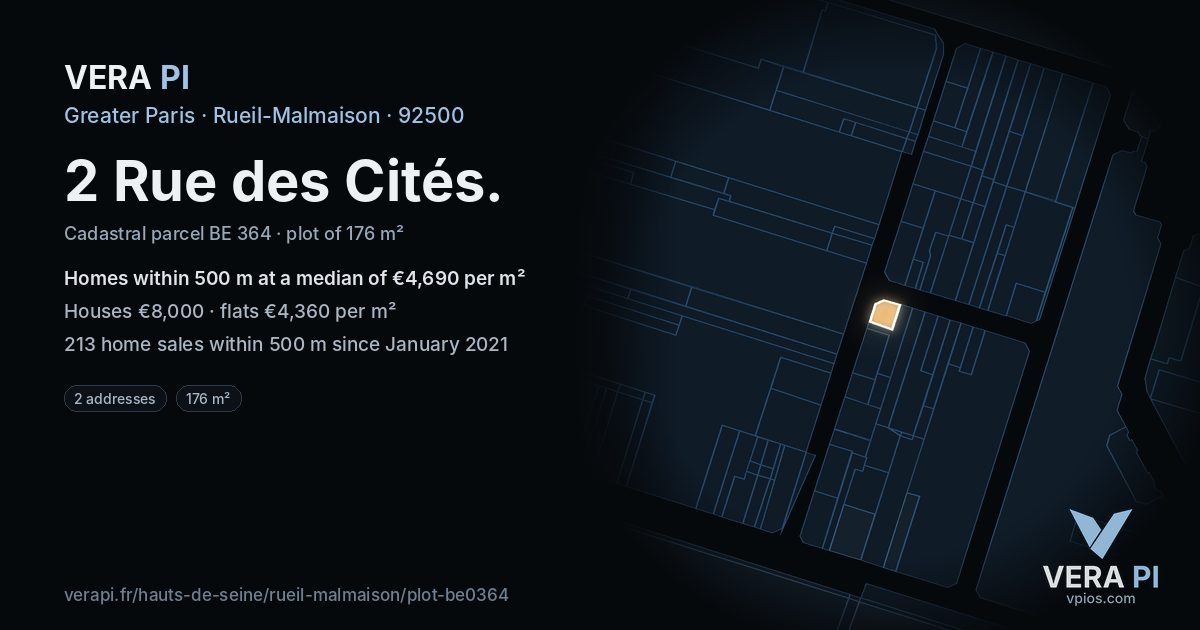 2 Rue des Cités, Rueil-Malmaison at night – the plot lit, the parcels around coloured by the prices near them
