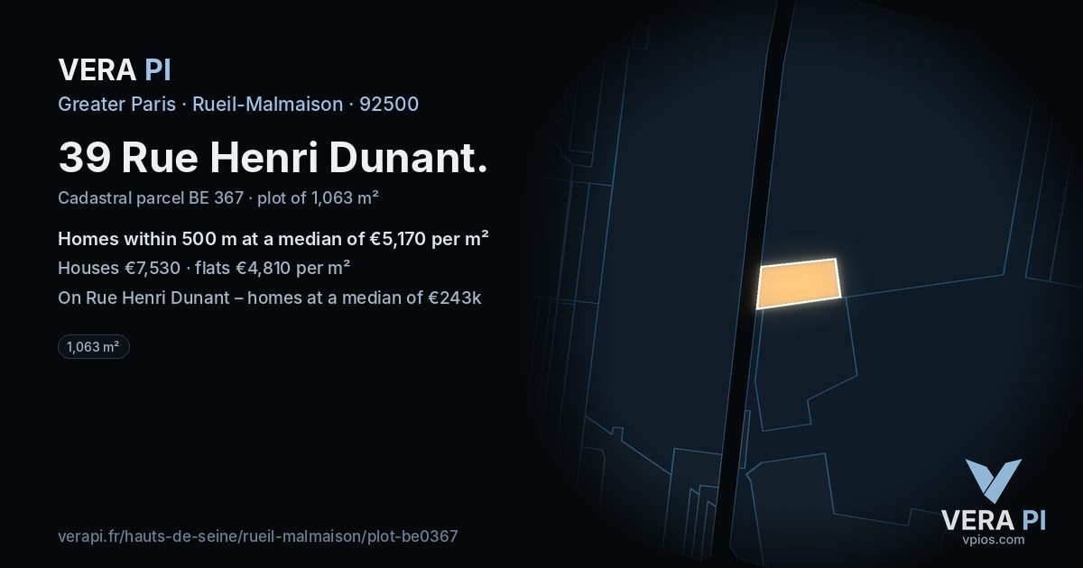 39 Rue Henri Dunant, Rueil-Malmaison at night – the plot lit, the parcels around coloured by the prices near them