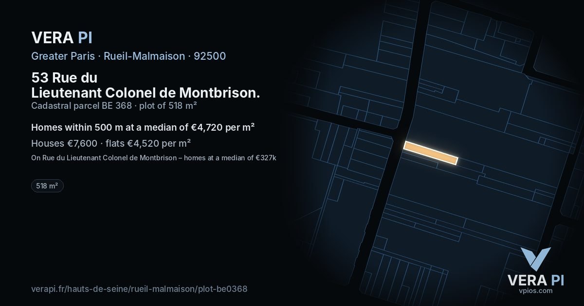53 Rue du Lieutenant Colonel de Montbrison, Rueil-Malmaison at night – the plot lit, the parcels around coloured by the prices near them