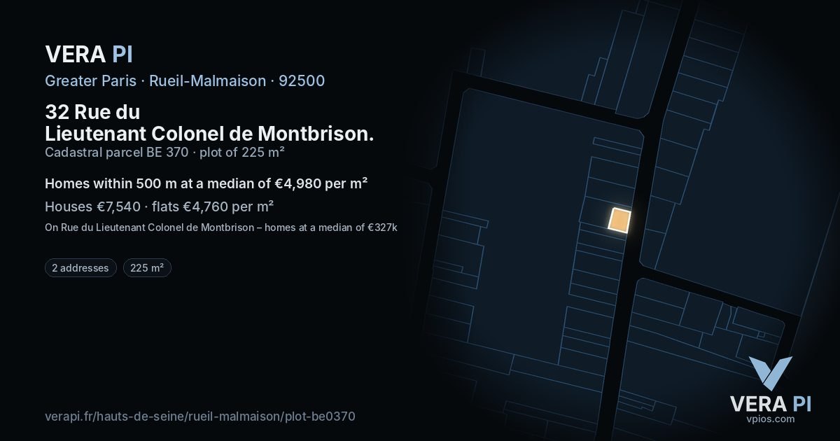 32 Rue du Lieutenant Colonel de Montbrison, Rueil-Malmaison at night – the plot lit, the parcels around coloured by the prices near them