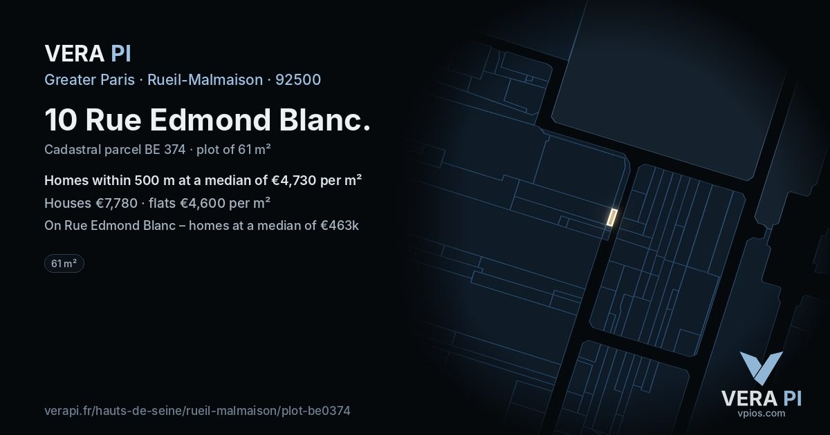 10 Rue Edmond Blanc, Rueil-Malmaison at night – the plot lit, the parcels around coloured by the prices near them