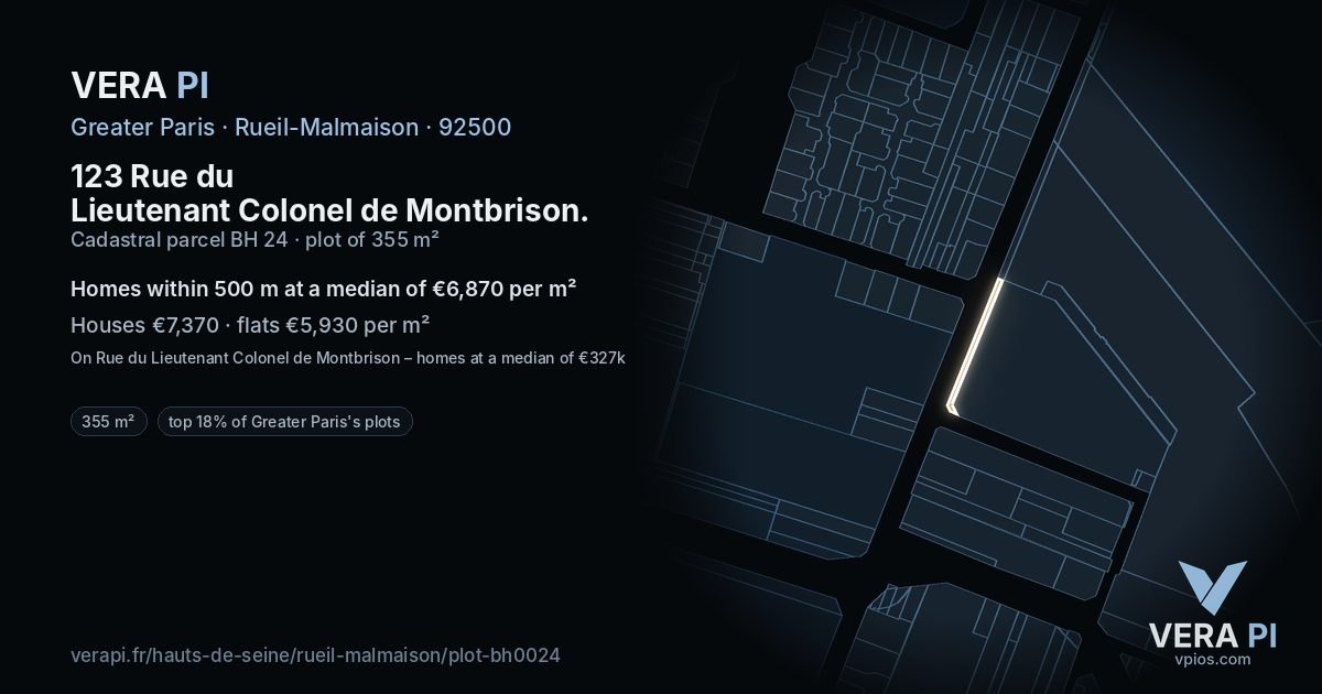 123 Rue du Lieutenant Colonel de Montbrison, Rueil-Malmaison at night – the plot lit, the parcels around coloured by the prices near them