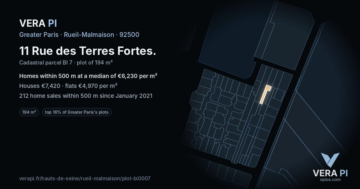 11 Rue des Terres Fortes, Rueil-Malmaison at night – the plot lit, the parcels around coloured by the prices near them