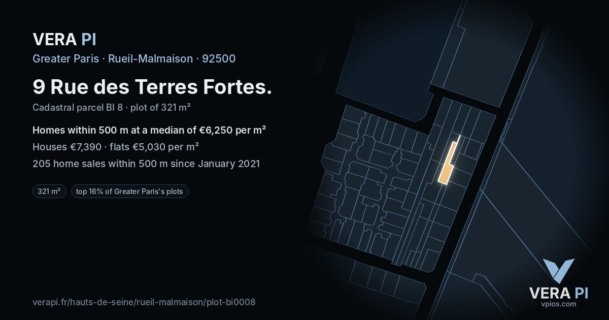 9 Rue des Terres Fortes, Rueil-Malmaison at night – the plot lit, the parcels around coloured by the prices near them