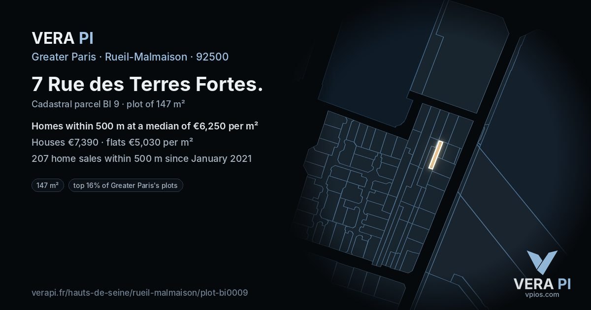 7 Rue des Terres Fortes, Rueil-Malmaison at night – the plot lit, the parcels around coloured by the prices near them