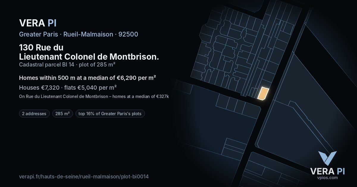 130 Rue du Lieutenant Colonel de Montbrison, Rueil-Malmaison at night – the plot lit, the parcels around coloured by the prices near them