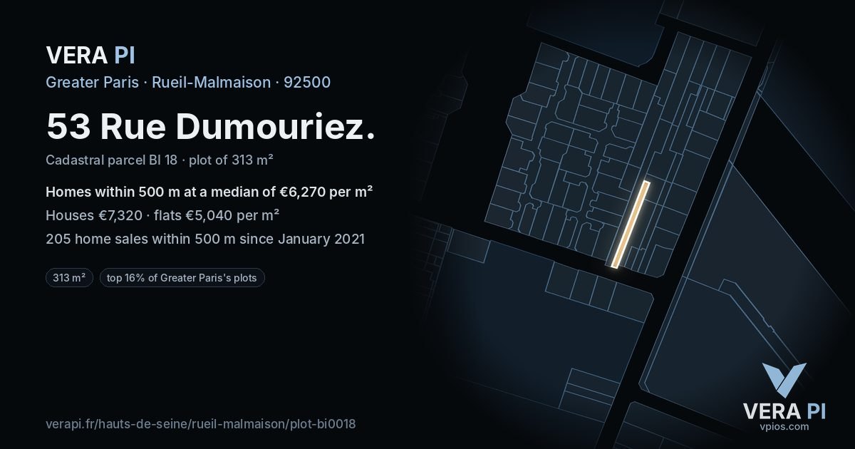 53 Rue Dumouriez, Rueil-Malmaison at night – the plot lit, the parcels around coloured by the prices near them