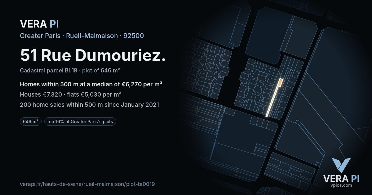51 Rue Dumouriez, Rueil-Malmaison at night – the plot lit, the parcels around coloured by the prices near them