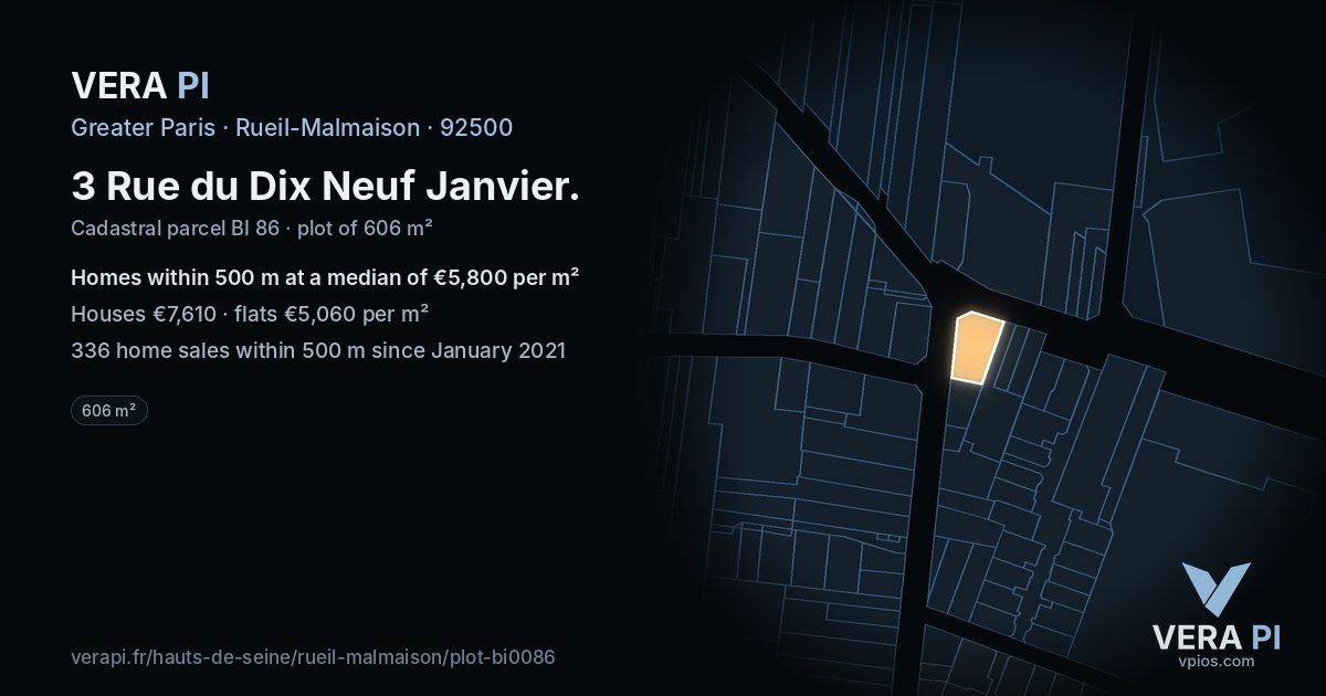 3 Rue du Dix Neuf Janvier, Rueil-Malmaison at night – the plot lit, the parcels around coloured by the prices near them