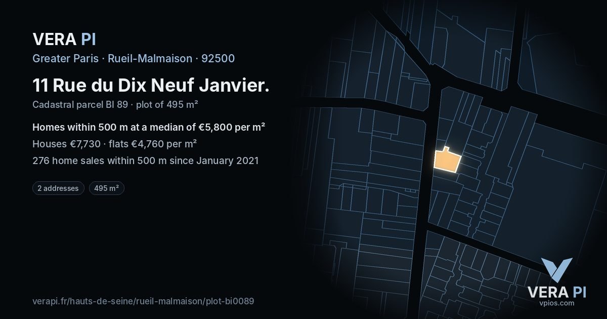 11 Rue du Dix Neuf Janvier, Rueil-Malmaison at night – the plot lit, the parcels around coloured by the prices near them