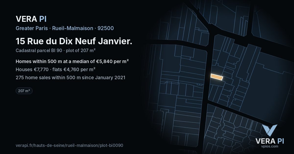 15 Rue du Dix Neuf Janvier, Rueil-Malmaison at night – the plot lit, the parcels around coloured by the prices near them