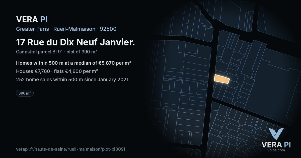 17 Rue du Dix Neuf Janvier, Rueil-Malmaison at night – the plot lit, the parcels around coloured by the prices near them