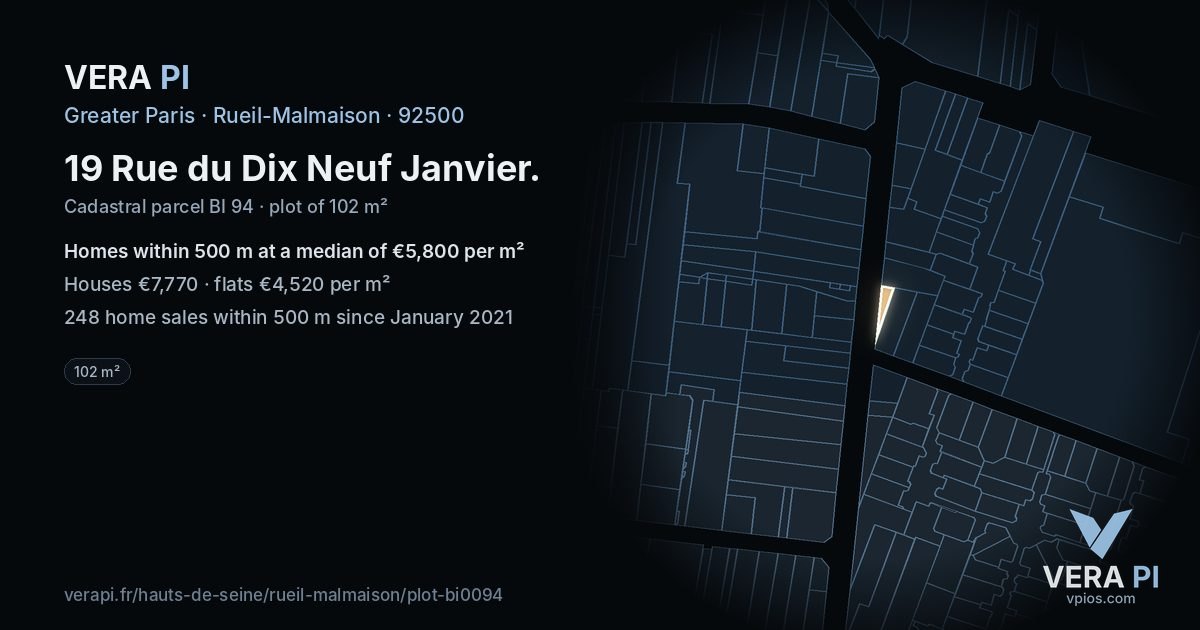 19 Rue du Dix Neuf Janvier, Rueil-Malmaison at night – the plot lit, the parcels around coloured by the prices near them