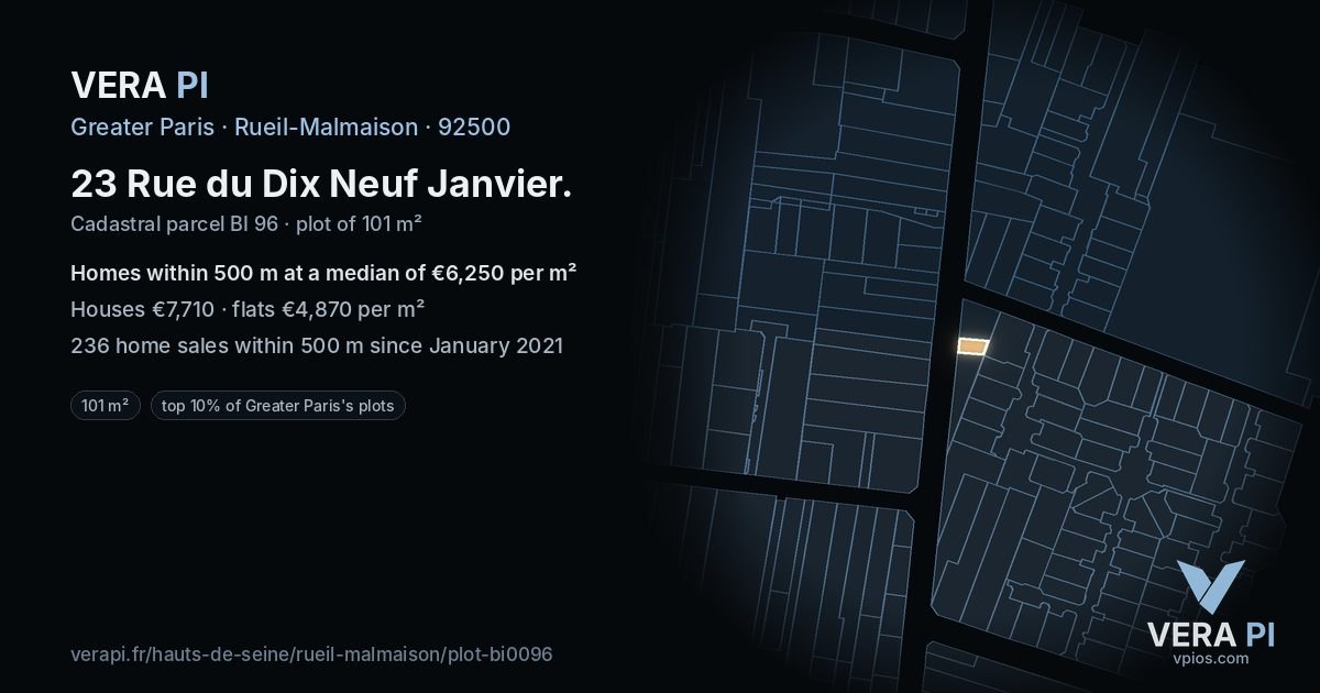 23 Rue du Dix Neuf Janvier, Rueil-Malmaison at night – the plot lit, the parcels around coloured by the prices near them