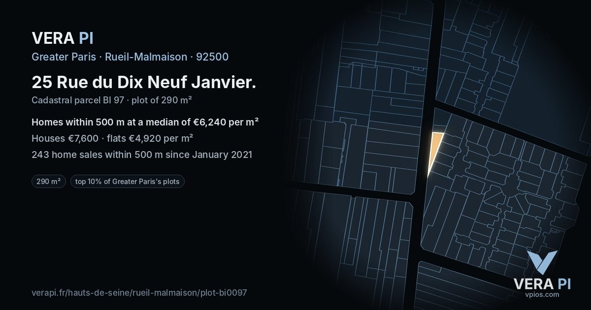 25 Rue du Dix Neuf Janvier, Rueil-Malmaison at night – the plot lit, the parcels around coloured by the prices near them