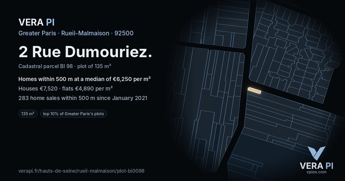 2 Rue Dumouriez, Rueil-Malmaison at night – the plot lit, the parcels around coloured by the prices near them