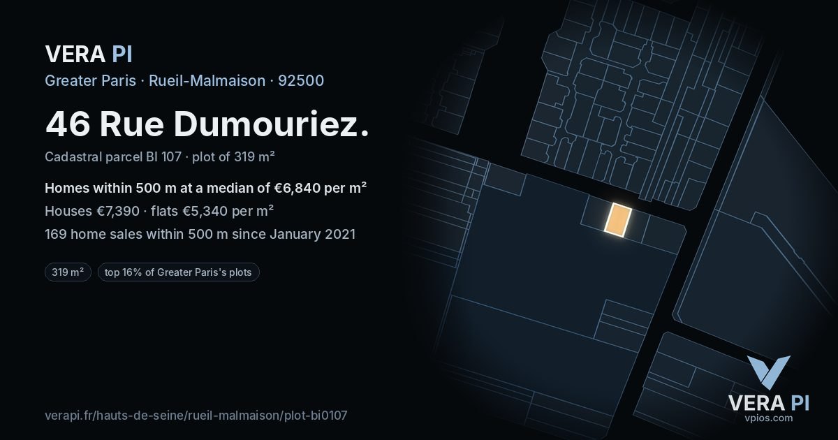 46 Rue Dumouriez, Rueil-Malmaison at night – the plot lit, the parcels around coloured by the prices near them
